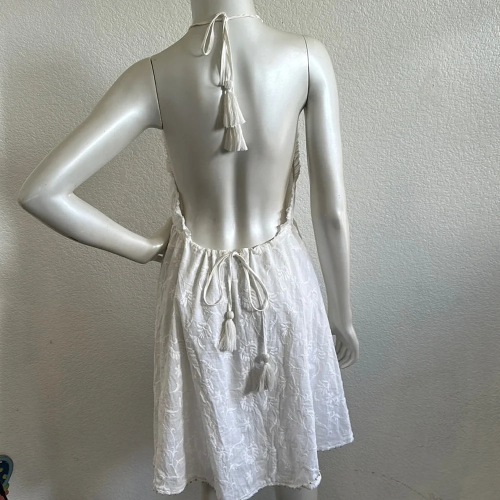 ZARA | Embroidered Open Back Halter Dress White Tassels Gold Beads Size Medium - Picture 5 of 12